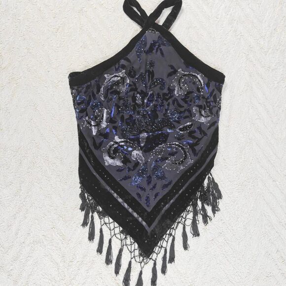 Cache Tops - Y2K Black Silk Velvet Beaded Fairygoth Halter Top